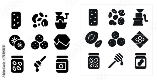 Coffee and snacks solid icons set – filled, silhouette, cafe and bistro symbols