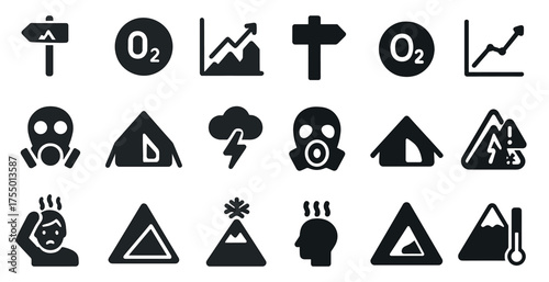Outdoor adventure solid icons set – silhouette, filled, exploration and hiking