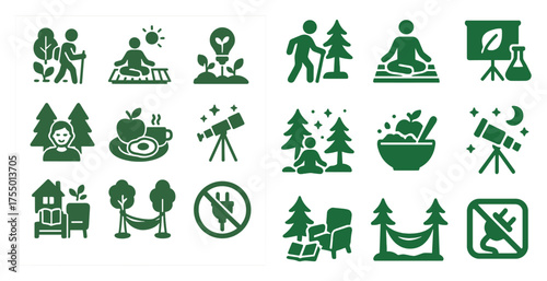Nature and wellness silhouette icons set – outline, health, eco-friendly symbols