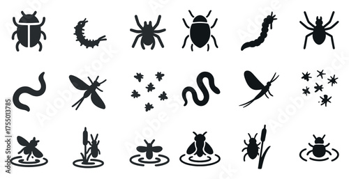 Insect and bug silhouette icons set – solid, outline, pest and wildlife symbols