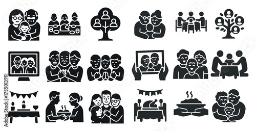 Family and community filled icons set – solid, silhouette, social connection symbols