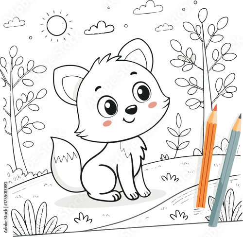 Cute baby fox coloring page for kids with pencils and nature background
