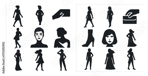 Fashion and style silhouette icons set – flat, outline, apparel and accessory symbols