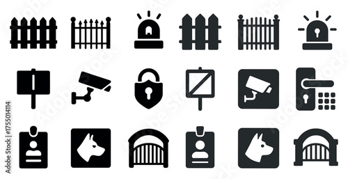 Security and surveillance solid icons set – monitoring, safety, protection symbols