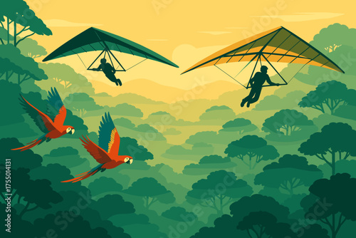 Two hang gliders soar over lush green forest with colorful parrots flying nearby during sunset