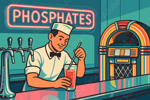 Classic diner scene with a soda jerk mixing a drink at a vintage counter near a jukebox