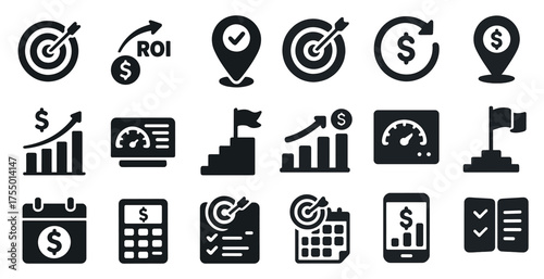 Business performance solid icons set – analytics, metrics, dashboard symbols