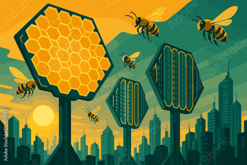 Bee-friendly cityscape with solar panels and honeycomb structures at sunset