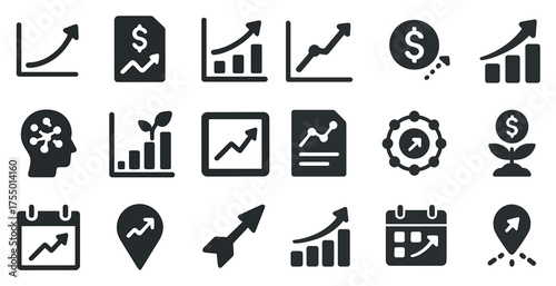 Business growth icons set – silhouette, solid, analytics and data trends symbols