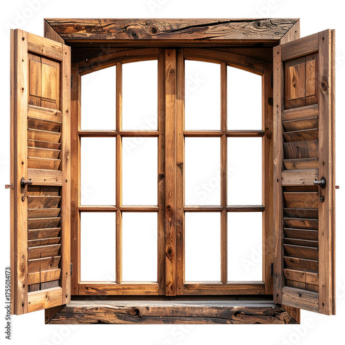 Rustic wooden window with open shutters, showing multiple panes; a classical design