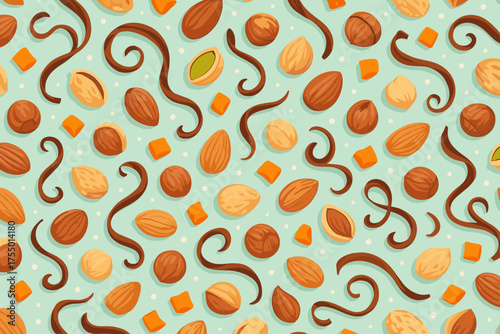 Colorful assortment of nuts and sweets scattered on a light blue background