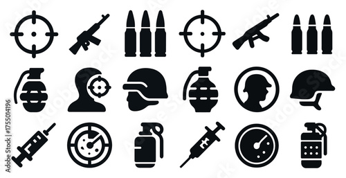 Weapons and military solid icons set – filled, defense, combat symbols
