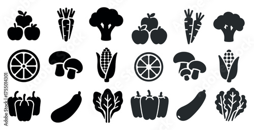 Fruits and vegetables silhouette icons set – solid, outline, healthy food symbols