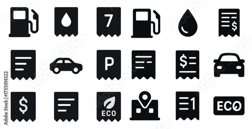 Gas station and fuel solid icons set – silhouette, automotive, energy symbols