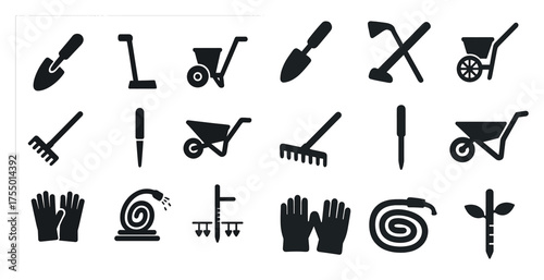 Gardening tools solid icons set – filled, silhouette, lawn care graphics