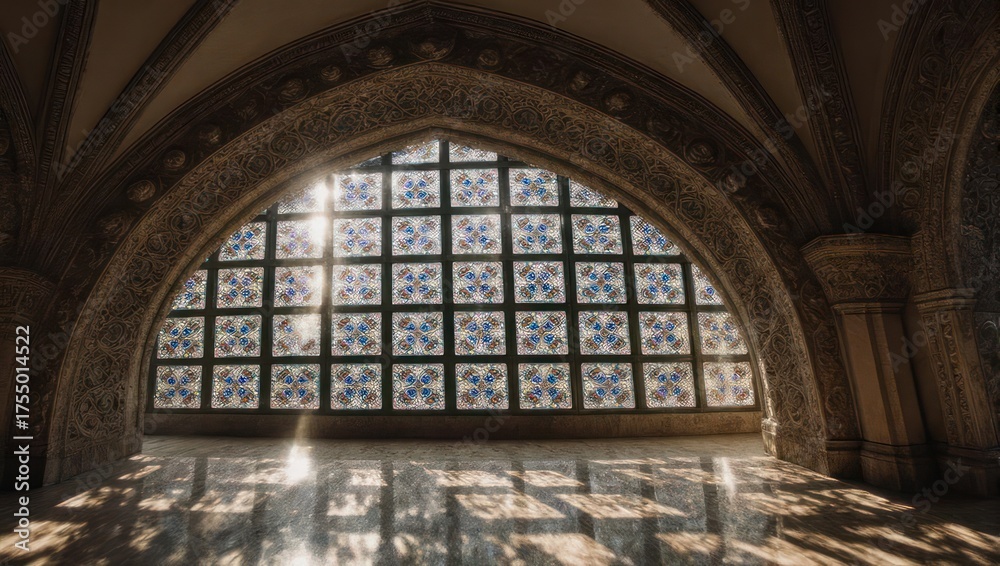 Fototapeta premium Sunlight Through Ornate Window in Gothic Architecture Interior.
