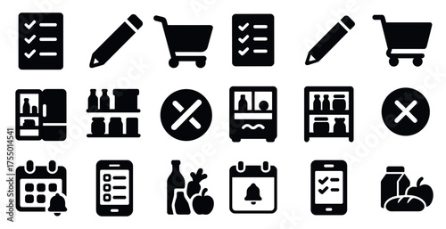 Grocery and shopping solid icons set – filled, cart, store essentials symbols