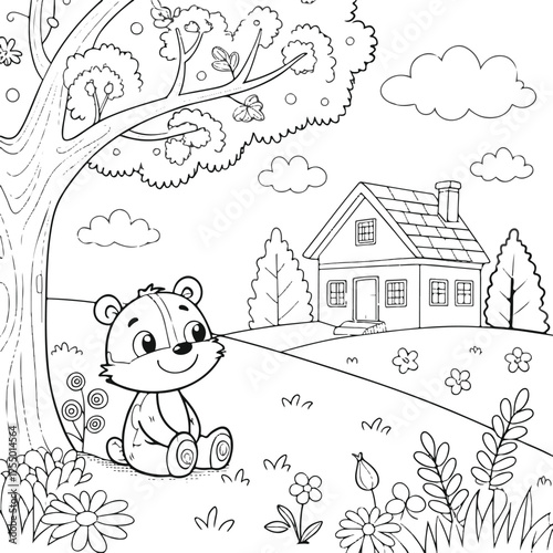 Cute bear sitting under tree near house coloring page for kids