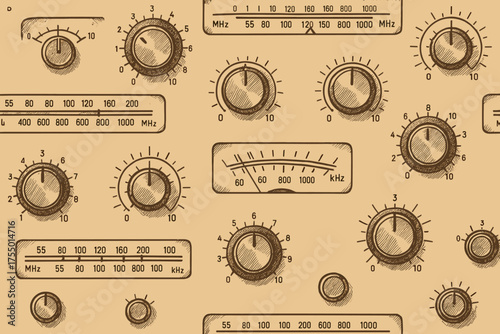 Vintage radio control panel with dials and meters displaying frequency settings and adjustments