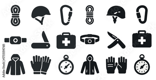 Outdoor adventure icons set – solid, filled, camping and hiking essentials