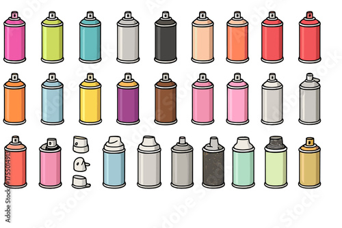Variety of colorful spray paint cans arranged neatly on a white background for artistic projects and creative work