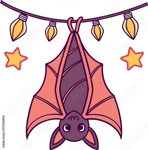 Cute bat hanging on string lights with stars vector