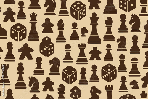 Variety of game pieces including chess, dice, and tokens arranged in a playful pattern on a light background