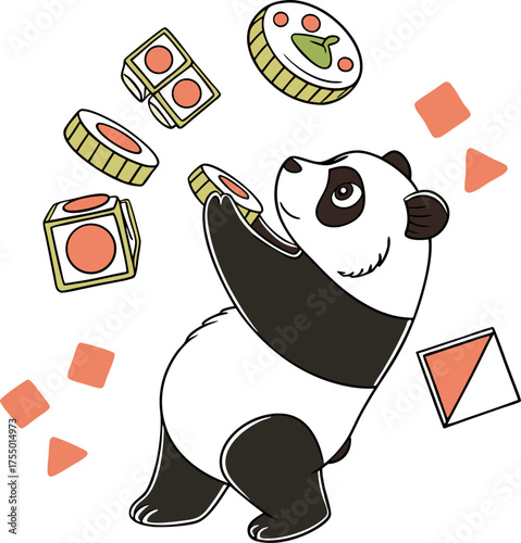 Cute cartoon panda juggling sushi rolls and maki pieces animal
