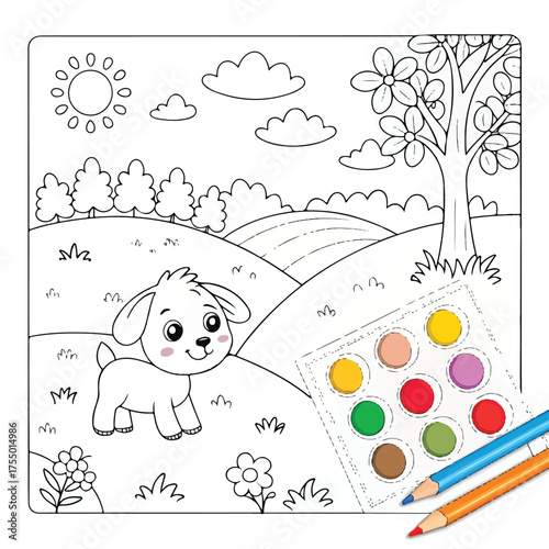Cute puppy coloring page for kids with paint palette and colored pencils