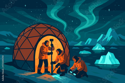 Scientific exploration in the Arctic under the Northern Lights with researchers studying ice and weather patterns