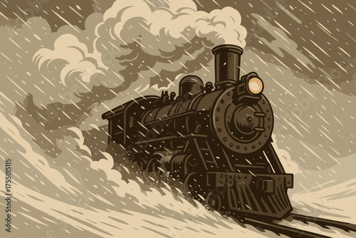 Vintage steam train struggling through a heavy snowstorm in a desolate landscape at dusk