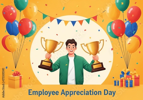 Man celebrates employee appreciation day holding two golden trophies surrounded by balloons and gifts