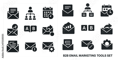 B2b email marketing solid icons set – silhouette, outline, digital communication symbols