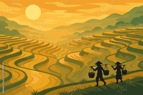 Sunset over rice terraces with farmers carrying baskets on their shoulders