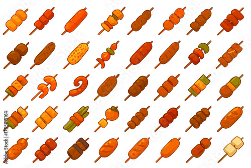 Various colorful skewers featuring different ingredients on sticks displayed in a fun arrangement