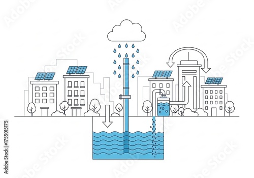 Sustainable urban water management system illustrating rainwater harvesting and solar power integration