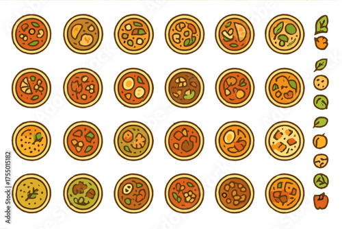 Various colorful pizza illustrations featuring different toppings and styles on a white background