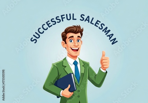 Enthusiastic businessman with thumbs up holding a folder celebrating sales success