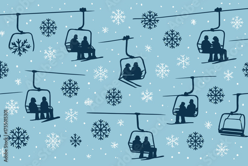 Winter scene featuring people enjoying a ski lift ride against a snowy backdrop with snowflakes