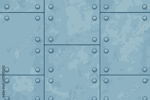 Textured blue metal background with rivets creating a sturdy and industrial appearance