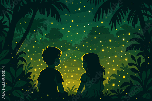 Children gazing at fireflies in a dense forest during a warm summer evening