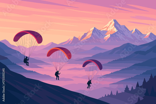 Paragliders soaring over majestic mountains at sunset in a vibrant landscape