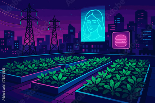 Urban rooftop garden with neon city backdrop featuring plants and digital advertisements