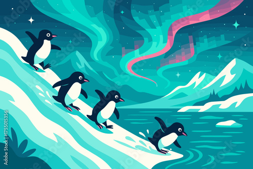 Penguins slide down a snowy slope near a shimmering lake under the northern lights in a vibrant Arctic scene