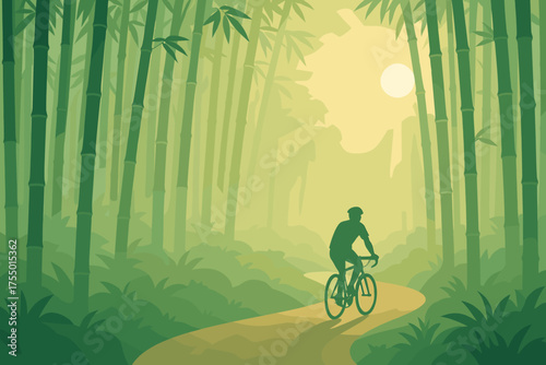Biking through a quiet bamboo forest at sunrise with gentle light filtering through the trees