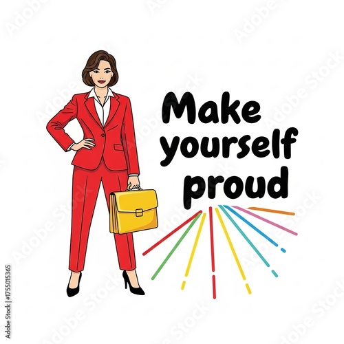 Confident businesswoman in a red suit holding a briefcase with inspirational text and colorful lines