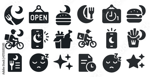 Food and nightlife solid icons set – filled, silhouette, restaurant and menu symbols