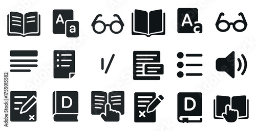 Education and learning solid icons set – filled, academic, study symbols