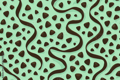 Colorful mint chocolate pattern with brown shapes and wavy lines creating an artistic design for various uses