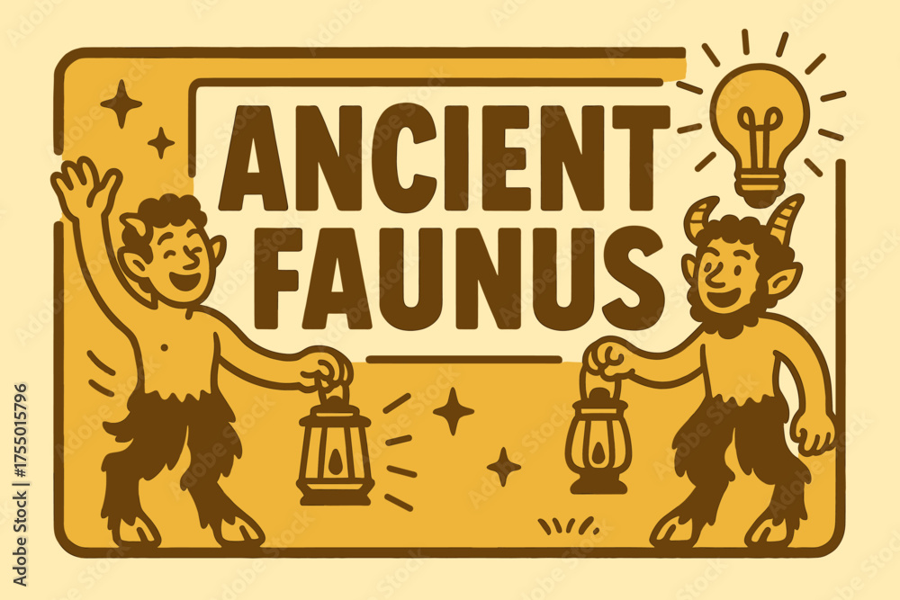 Obraz premium Faunus Festival Banner. Ancient Faunus banner, flat vector illustration, bold oversized text inside rectangular frame, cartoon characters standing and waving,